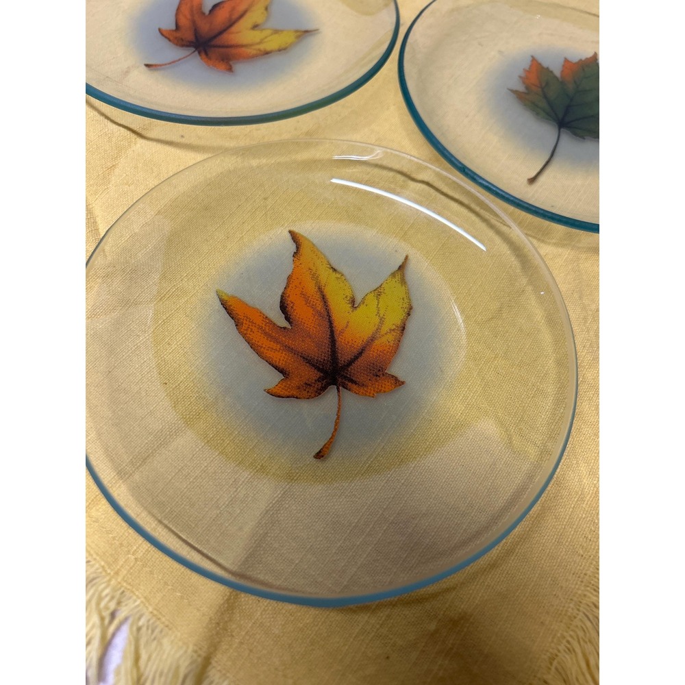 Fall Leaves Luncheon Plates‎ Clear Glass with Applique Leaves 5 Plates - Picture 2 of 6